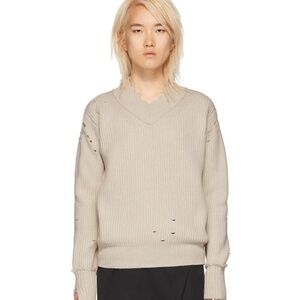 Helmut Lang Distressed V-Neck Sweater in Beige